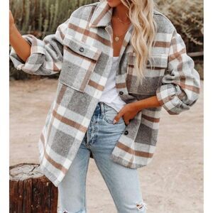 Neutral Plaid Flannel Shacket Button Down Shirt Casual Jacket Women’s Size M